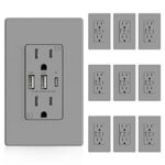 $61.33 – : ELEGRP 3-Port USB Wall Outlet, 30W 6.0A, 15 Amp, Type C, 10 Pack, Matte Gray