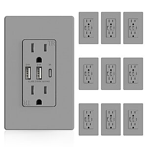 $61.33 – : ELEGRP 3-Port USB Wall Outlet, 30W 6.0A, 15 Amp, Type C, 10 Pack, Matte Gray