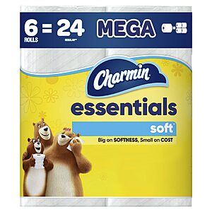$5.22 – or less S&S Charmin Essentials Soft Toilet Paper 6 Mega = 24 Reg Rolls, 330 sheets per roll