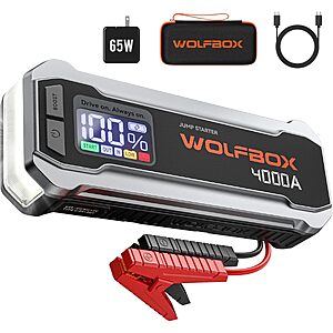 $60.00 – WOLFBOX 4000A 12V 24000mAh Portable Car Jump Starter with 65W Quick Charger for $60 + Free S&H