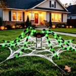 6.6 FT(Wide) Halloween Giant Black&Green Spider with 9” Metal Stand, 36 Green LED Lights, 8 Modes Light-Up Large Spiders Outdoor Decorations