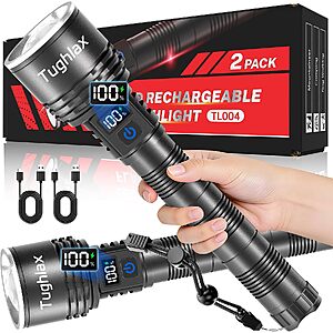 $17.99 – 2-Pack Tughlax Rechargeable LED Flashlights w/ LCD Battery Display & Zoomable Beam –  ($8.99 each) + Free Shipping w/ Prime or on $35+