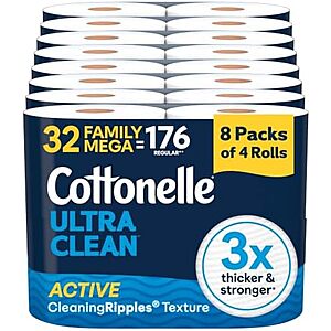 $22.61 – SnS, AC  | 32-Pack 353-Sheets Cottonelle Toilet Paper Family Mega Rolls (Ultra Clean) at Amazon (70.7€ each)
