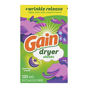 $13.40 – S&S Multibuy 4 x Gain Dryer Sheets Plus Wrinkle Release, Moonlight Breeze Scent, 120 Count, (480 sheets total)