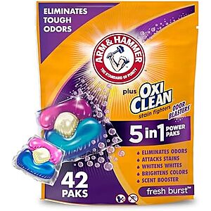 $5.07 – SnS, AC * | 42-Ct Arm & Hammer + OxiClean Odor Blasters Laundry Detergent Pak (Fresh Burst) at Amazon
