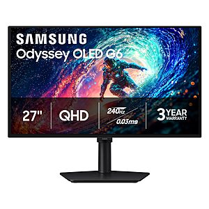 $399.99 – Samsung 27″ Odyssey OLED G6 (G61SH) QD-OLED, QHD (1440P) Gaming Monitor | 240Hz, 0.03ms, Glare-Free, Pantone Validated, HDR10