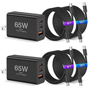 $17.99 – 2-Pack CSXZCOON 65W USB-C Super Fast Wall Charger w/ 2x 10ft & 2x 6ft USB-C to USB-C Cables  + Free Shipping w/ Prime or on $35+