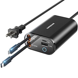 $25.19 – SUPERONE 104W GaN 4-in-1 Desktop Charging Station w/ 65W Fast Charging & 2 Retractable Cables (Frosted Black) –  + Free Shipping w/ Prime or on $35+
