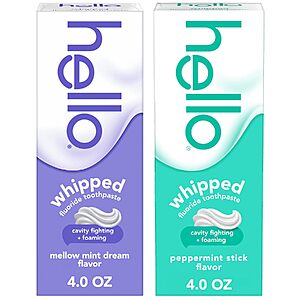 $8.02 – 2-Pack 4-Oz hello Whipped Fluoride Toothpaste (Mint & Peppermint) w/ S&S + Free Shipping w/ Prime or on $35+