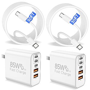 $14.24 – 2-Pack 85W 5-Port Cooncxen USB-C Wall Charger w/ 10Ft USB-C Cables (White) –  + Free Shipping w/ Prime or on $35+