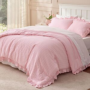 $22.49 – 3-Pc Bedsure Queen Ruffle Comforter Set (Pink) –  + Free Shipping w/ Prime or on $35+
