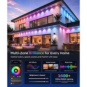$30.00 – Ecoeve Permanent Outdoor Lights  AC – 50ft RGB+IC LED Lights, App & Remote Control, Music Sync, IP67 Waterproof