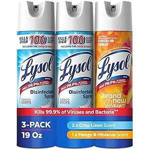 $14.29 – SnS, AC * | 3-Pk 19-oz Lysol Disinfectant Spray (Crisp Linen & Mango) at Amazon