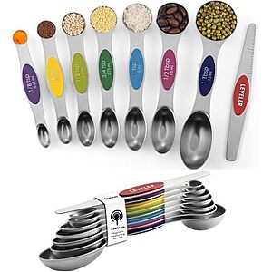 8-Pack ChefAide Stainless Steel Magnetic Measuring Spoons Set in black and multicolor