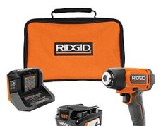 $149.00 – RIDGID 18V 4.0 Ah Battery (2-Pack) with Charger, Bag, and 18V Cordless Compact Heat Gun RIDGID 18V 4.0 Ah Battery (2-Pack) and compact heat gun