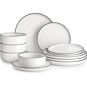 Malacasa Porcelain Dinnerware set deal 12-Piece Malacasa Porcelain Dinnerware Set (Service for 4, Ivory White-Black Rim)