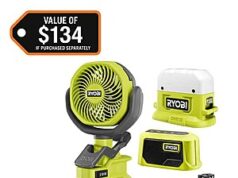 $58.47 – Ryobi ONE+ 18V Campers Kit w/ Area Light, Bluetooth Speaker, Clamp Fan + Free Shipping Ryobi ONE+ 18V Campers Kit with LED area light, Bluetooth speaker, clamp fan, and battery