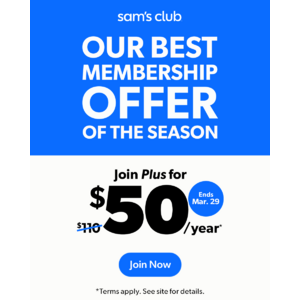 Sam's Club New Member Deal Sam's Club logo with a banner reading 'New Member Offer: 1-Year Sam's Club Plus Membership for $50 or Club $15'