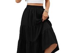 $7.45 – Lyrur Skirts for Women Elastic Waist Aline Tiered Ruffle Casual Beach Summer Midi Black Skirt with Pockets(S,9193-Black) Lyrur Women's Floral Midi Skirt in Black with Pockets