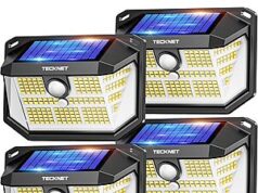 $10.07 – TITLE: 4-Pack TECKNET 231 LED Solar Motion Sensor IP65 Outdoor Wall Lights (Black, Cool White) TECKNET 231-LED Solar Motion Sensor IP65 Waterproof Outdoor Wall Lights in Black