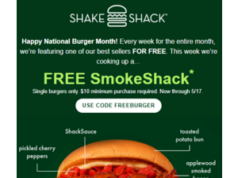 $10.00 – FREE SmokeShack* Single Burgers Only. $10 Minimum Purchase Required. Now through 5/17. smokeshack single burgers only product image