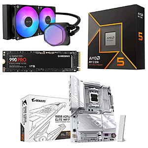 Gigabyte B850 AORUS Elite WiFi7 motherboard deal with other components Gigabyte B850 AORUS Elite WiFi7 motherboard, AMD Ryzen 5 9600X CPU, Samsung 990 PRO 1TB SSD, and Cooler Master Elite Liquid 2