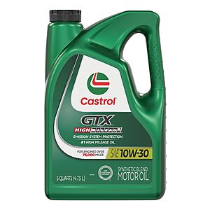 Lowest price Castrol GTX High Mileage motor oil at Amazon Castrol GTX High Mileage synthetic blend motor oil in a 5-quart container