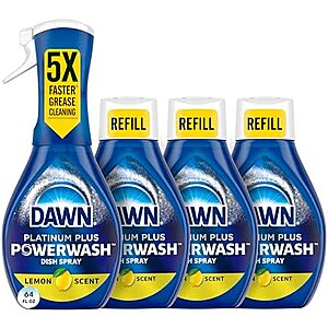Dawn Platinum Powerwash Dish Spray deal on Amazon Four bottles of Dawn Platinum Powerwash Dish Spray in a kitchen setting