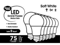 $3.04 – Great Value LED 75W 1050-Lumens A19 Light Bulbs(12-Pack) + Free S&H w/ Walmart+ or $35+ Great Value LED 75W 1050-Lumens A19 Light Bulbs(12-Pack) + Free S&H w/ Walmart+ or +