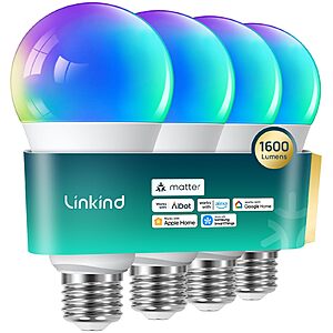 Linkind Matter LED Bulbs sale Linkind Matter Smart Color-Changing A21 E26 Wi-Fi LED Bulbs in colorful display