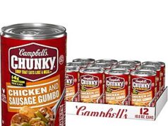$12.56 – SnS, AC * | 12-Pack 18.8oz Campbell’s Chunky Soup Chicken & Sausage Gumbo at Amazon 12-pack Campbell's Chunky Soup Chicken & Sausage Gumbo