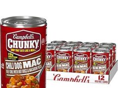 $12.56 – SnS, AC * | 12-Pk 18.8-Oz Campbell’s Chunky Soup (Chili Dog Mac) at Amazon 12-Pk 18.8-Oz Campbell's Chunky Soup (Chili Dog Mac) on Amazon