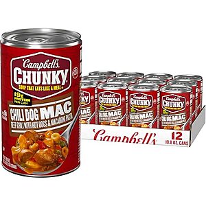 Campbell's Chunky Soup Chili Dog Mac Deal 12-Pk 18.8-Oz Campbell's Chunky Soup (Chili Dog Mac) on Amazon