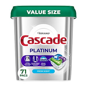 Cascade Platinum Dishwasher Pods Deal 71-Count Cascade Platinum Dishwasher Pods (Fresh) in blue box