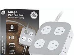 $11.86 – * | GE 8-Outlet + 3 USB 1500J Surge Protector w/ 6″ Flat Plug at Amazon GE 8-Outlet + 3 USB Surge Protector