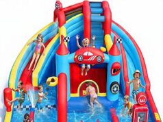 $399.99 – ELEMARA Speed Racer Kids Inflatable Water Slide Bounce House, 15 in 1 191x175in Double Slide Water Park with Climbing Wall Now on Sale at Amazon ELEMARA Speed Racer Inflatable Water Slide Bounce House