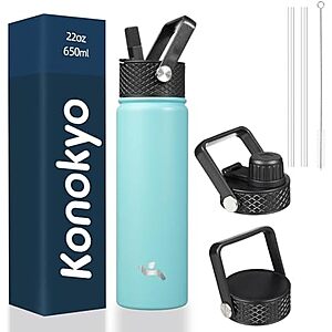 22oz Konokyo Water Bottle Deal 22oz Konokyo Insulated Stainless Steel Water Bottle with Straw & 3 Lids (Turqouise) on Amazon