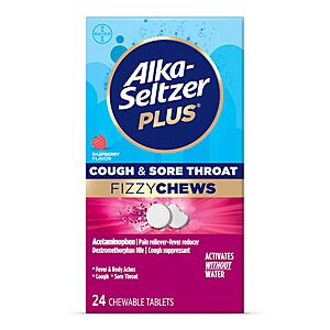 Alka-Seltzer Plus Cough & Sore Throat Fizzy Chews deal 24-Count Alka-Seltzer Plus Cough & Sore Throat Fizzy Chews (Raspberry) on Amazon