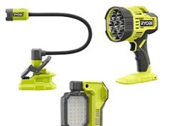 $69.00 – Ryobi ONE+ 18V Cordless Lighting Combo Kit w/ LED Magnetic Task Light, LED Spotlight, & Flexible LED Clamp Light (Tools Only) Now $69 at Home Depot Ryobi ONE+ 18V Cordless Lighting Combo Kit