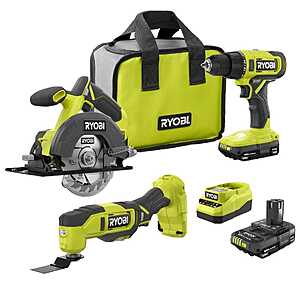 RYOBI ONE 18V Tool Combo Kit Deal RYOBI ONE 18V Cordless 2 Tool Combo Kit with drill, circular saw, multi tool
