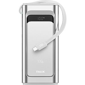 Talix Portable Charger Deal TALIX 100W 10,000mAh Portable Charger Power Bank with Built-In USB-C Cable
