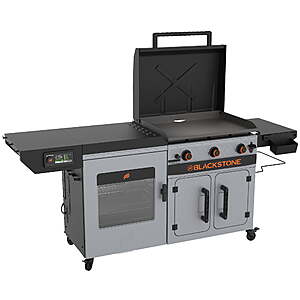 Blackstone Bronco Griddle Combo Deal Blackstone Bronco 3-Burner Outdoor Flat Top Griddle Combo with Vertical Smoker & Prep Cart