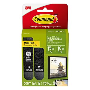 Amazon deal on 28-Pair Command Strips 28-Pair Command Strips (16-Pair Large; 12-Pair Medium; Black)