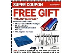 Harbor Freight: Free Gift with Any Purchase in Store, Aug 7 -9, Choose from 3-1/2 in. LED Mini Flashlights, 2-Pack, HFT 5 ft. 6 in. x 7 ft. 6 in. Blue All-Purpose Weather-Resistant 4 mil Tarp, or U.S. GENERAL 18 in. Magnetic Tool Holder Harbor Freight free gift promotion — choose from flashlights, tarp, or magnetic tool holder