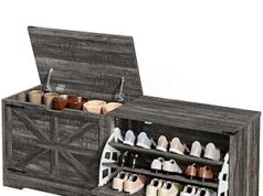 $85.49 – Save Big: 55″ DWVO Farmhouse Shoe Storage Bench w/ 3 Flip Drawers & Flip-Top Lid (Dark Rustic Oak) – Now + Free Shipping DWVO 55" Farmhouse Shoe Storage Bench with flip drawers and flip-top lid in dark rustic oak