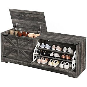 DWVO Farmhouse Shoe Storage Bench on sale at Amazon DWVO 55" Farmhouse Shoe Storage Bench with flip drawers and flip-top lid in dark rustic oak