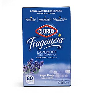 Clorox Fraganzia Dryer Sheets deal on Amazon 80-Count Clorox Fraganzia Dryer Sheets in packaging