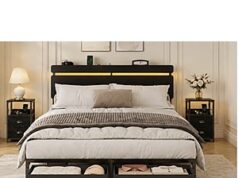 $190.00 – Wrought Studio 3-piece Bedroom Sets (Bedframe + 2 Night Stands), Black – Queeen/$190, King/$208 Wrought Studio 3-piece bedroom set with a wooden bed frame and nightstands