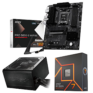 AMD Ryzen 7 7700X CPU, MSI PRO B850-S WIFI6E Motherboard, and ASRock PRO Series PRO-850B PSU deal Bundle of AMD Ryzen 7 7700X CPU, MSI PRO B850-S WIFI6E Motherboard, and ASRock PRO Series PRO-850B PSU