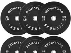 $109.75 – | Fitvids 2″ Olympic Bumper Plate Weight Plates with Steel Hub, 120-Pound Set, 2x 10LB, 2x 15LB, 2x 35LB at Amazon Fitvids Olympic Bumper Plate Weight Plates in use